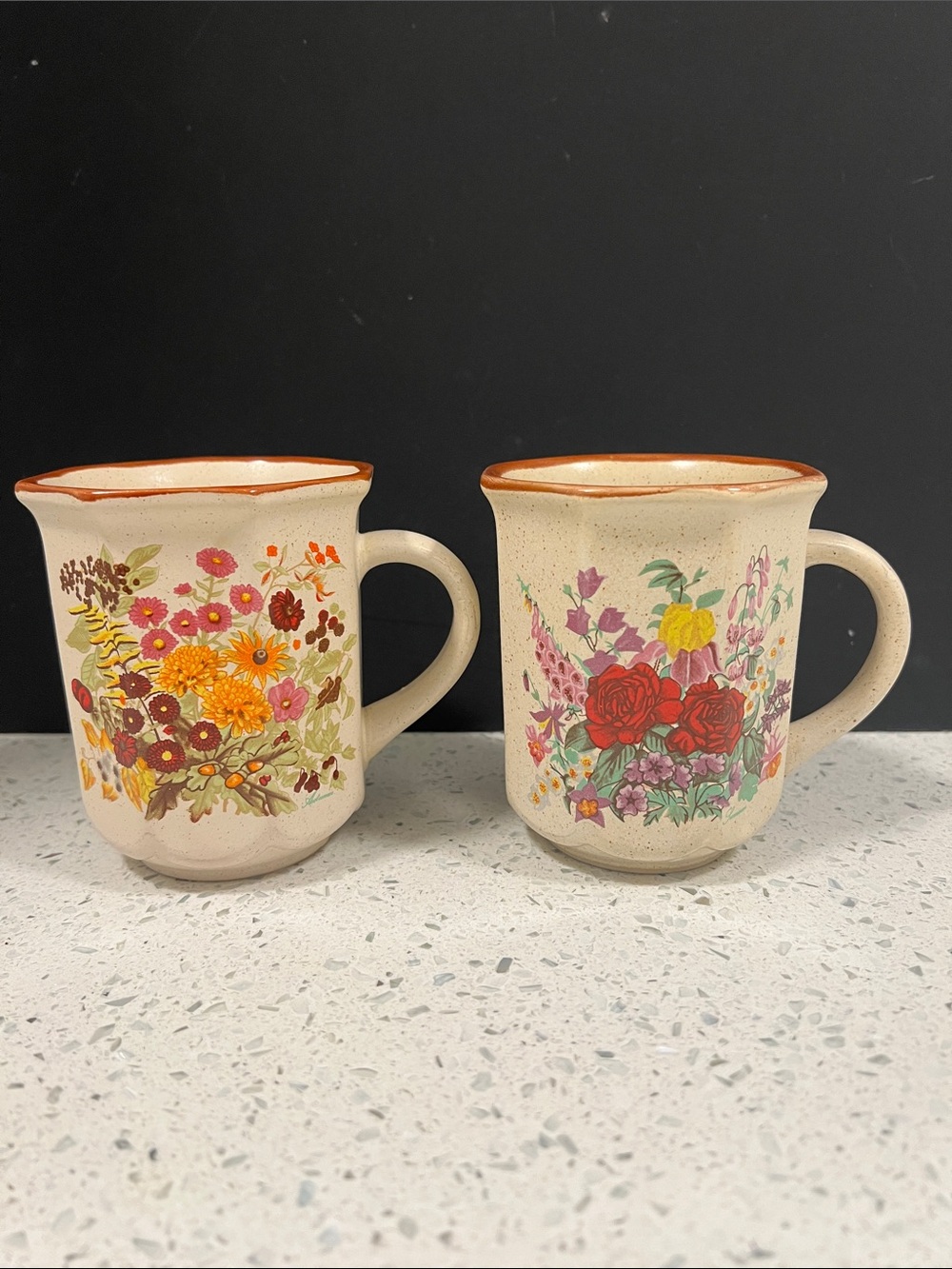 Vintage 1970s NORTHCRAFT Korea Floral Mug Set Cottagecore Cream Speckled Ceramic